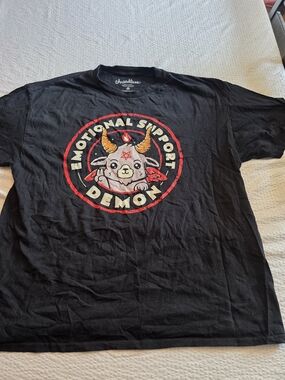 Threadless Black Graphic Tee with Red, Yellow and Cream Demon Print Xl